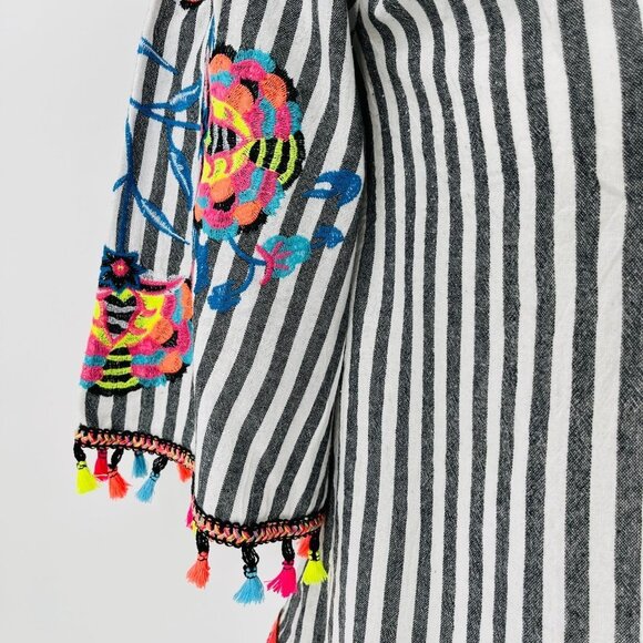 See And Be Seen Black Stripe Blouse Size M Off The Shoulder Embroidery Fringe - Picture 4 of 11